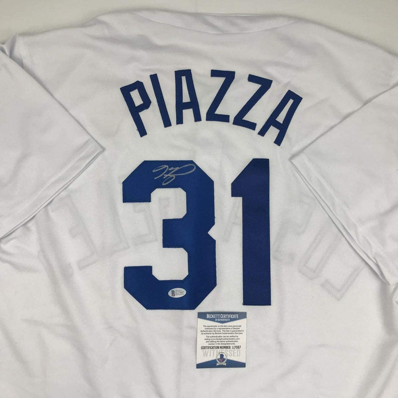 Autographed/Signed Mike Piazza Los Angeles LA White Baseball Jersey Beckett BAS COA