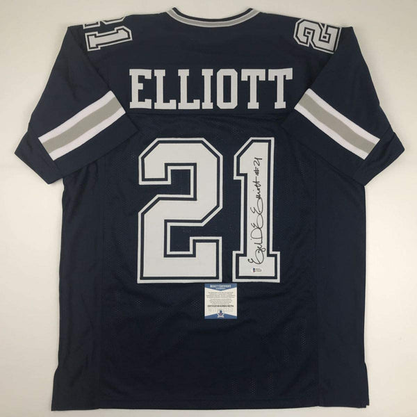 Autographed/Signed Ezekiel Elliott Dallas Dark Blue Football Jersey Beckett BAS COA