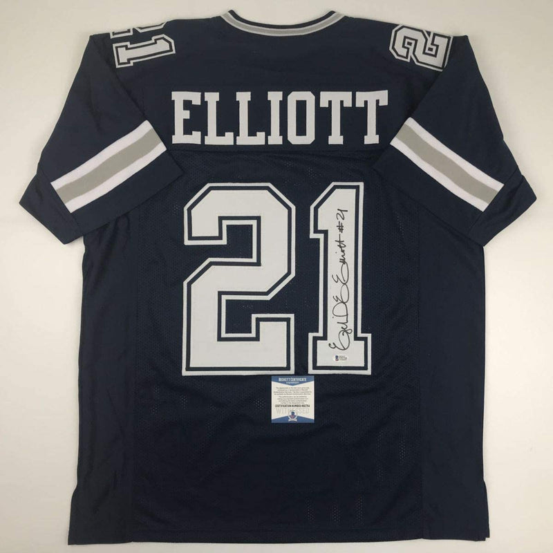 Autographed/Signed Ezekiel Elliott Dallas Dark Blue Football Jersey Beckett BAS COA