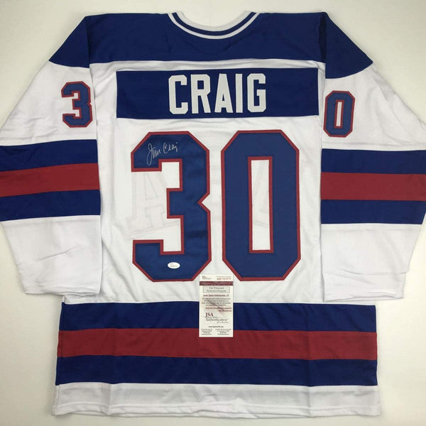 Autographed/Signed Jim Craig White Team USA Miracle On Ice 1980 Olympics Hockey Jersey JSA COA