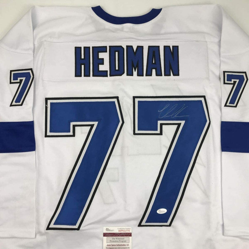 Autographed/Signed Victor Hedman Tampa Bay White Hockey Jersey JSA COA