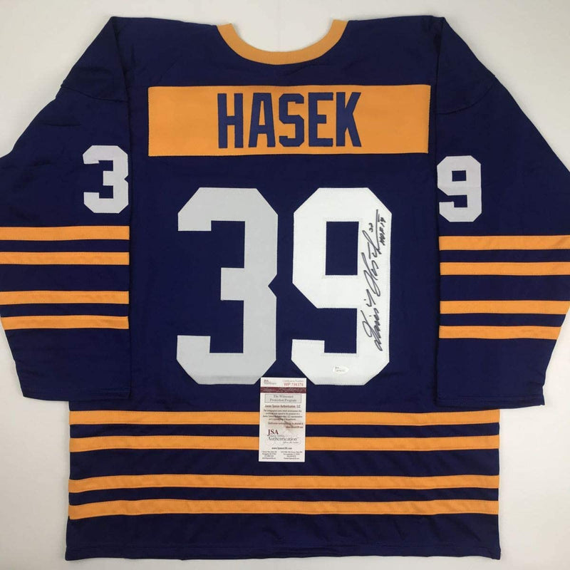 Autographed/Signed Dominik Hasek HOF 14 Buffalo Alternate Blue Hockey Jersey JSA COA