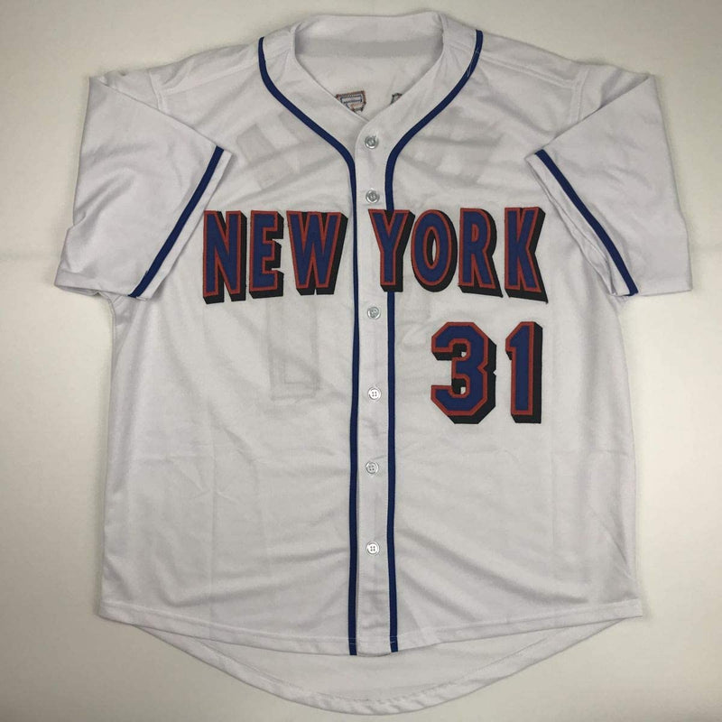 Autographed/Signed Mike Piazza New York NY White Baseball Jersey Beckett BAS COA