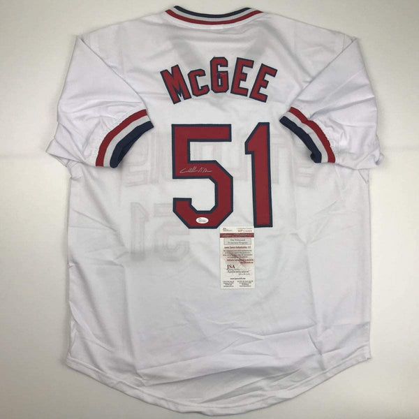 Autographed/Signed Willie McGee St. Louis White Baseball Jersey JSA COA