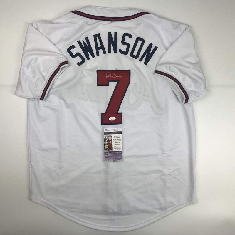 Autographed/Signed Dansby Swanson Atlanta White Baseball Jersey JSA COA