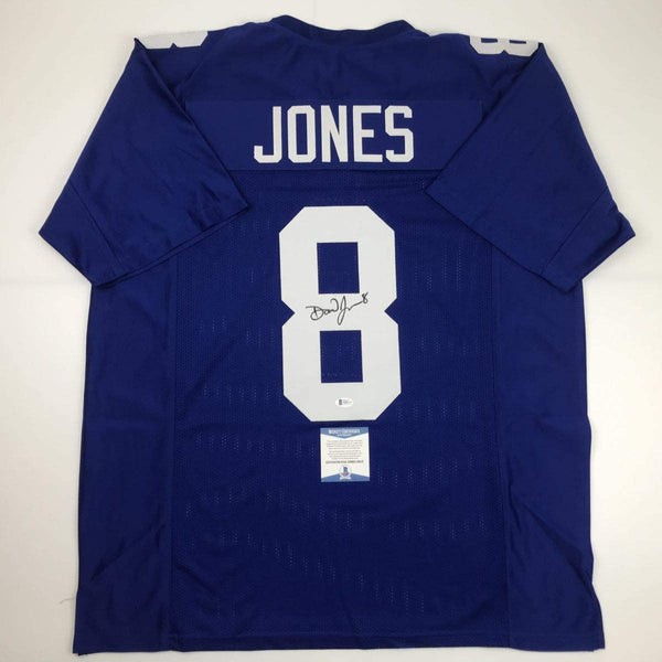 Autographed/Signed Daniel Jones New York Blue Football Jersey Beckett BAS COA