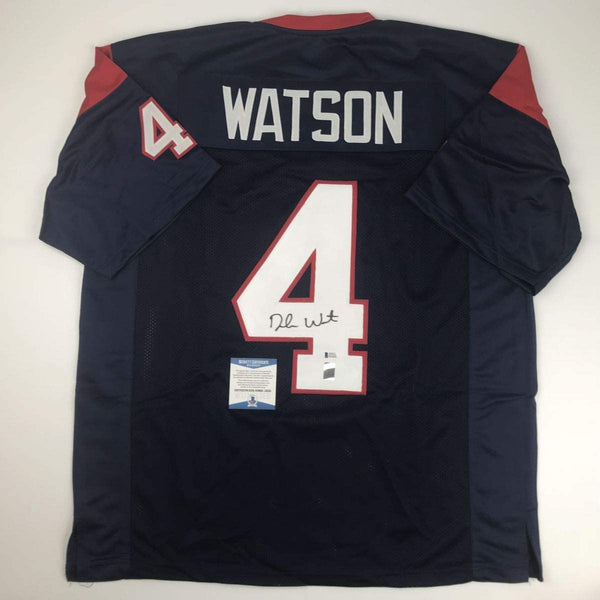 Autographed/Signed Deshaun Watson Houston Blue Football Jersey Beckett BAS COA