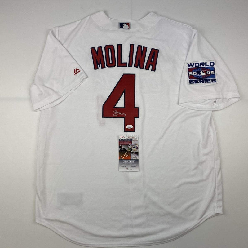 Autographed/Signed Yadier Molina St. Louis White Baseball Jersey JSA COA