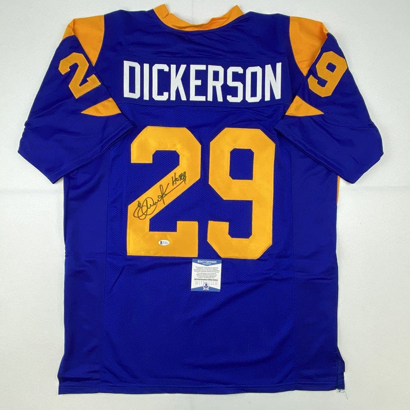 Autographed/Signed Eric Dickerson HOF 99 Los Angeles LA Blue Football Jersey Beckett BAS COA