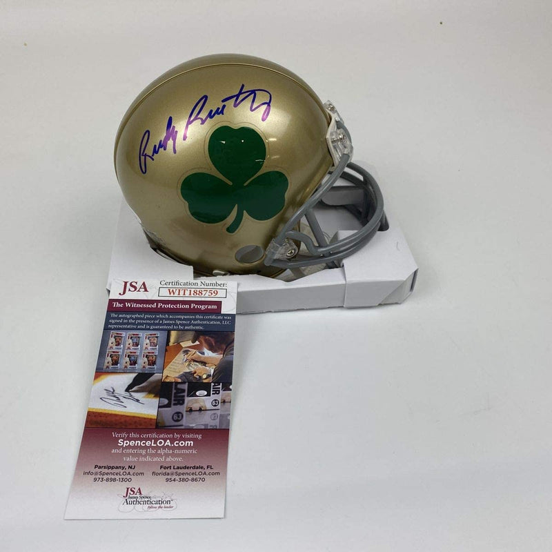 Autographed/Signed Rudy Ruettiger Shamrock Notre Dame Irish Football Mini Helmet JSA COA