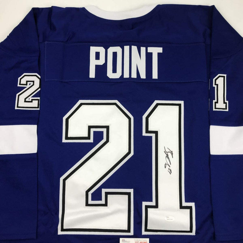 Autographed/Signed Brayden Point Tampa Bay Blue Hockey Jersey JSA COA