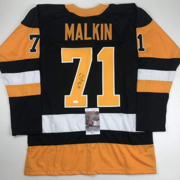 Autographed/Signed Evgeni Malkin Pittsburgh Black Hockey Jersey JSA COA