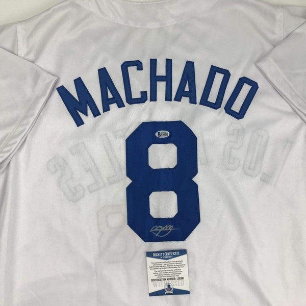 Autographed/Signed Manny Machado Los Angeles LA White Baseball Jersey Beckett BAS COA