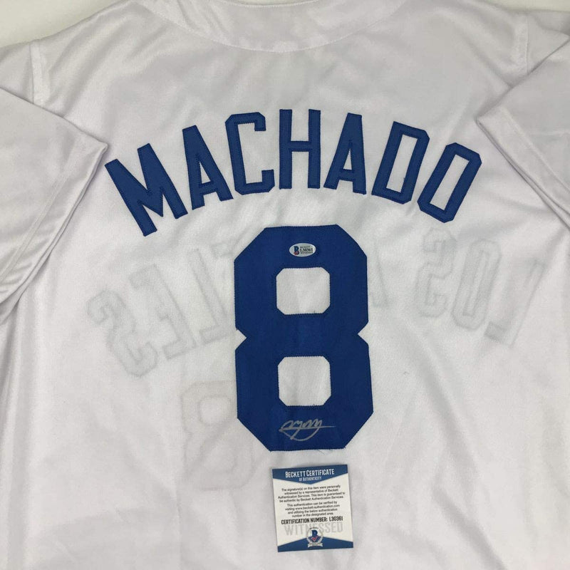 Autographed/Signed Manny Machado Los Angeles LA White Baseball Jersey Beckett BAS COA