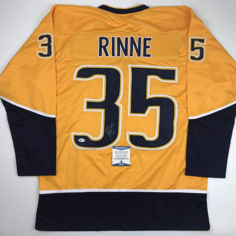 Autographed/Signed Pekka Rinne Nashville Yellow Hockey Jersey Beckett BAS COA