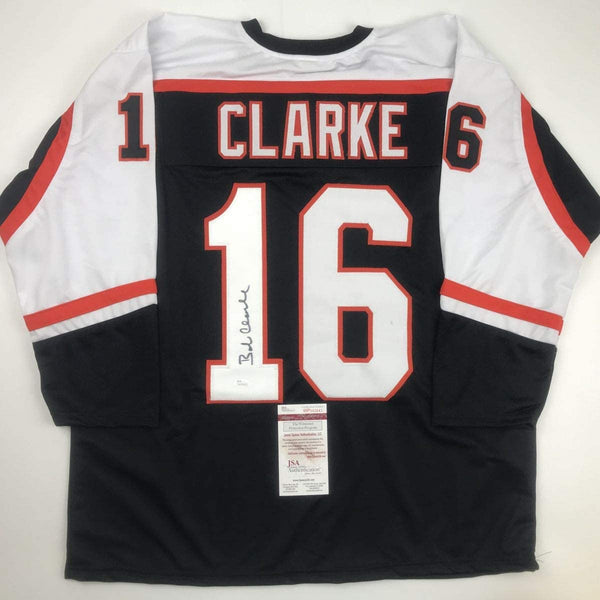 Autographed/Signed Bob Bobby Clarke Philadelphia Black Hockey Jersey JSA COA