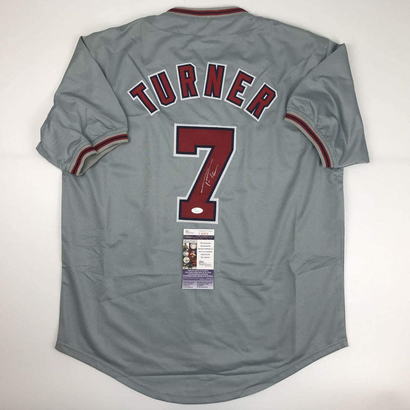 Autographed/Signed Trea Turner Washington Grey Baseball Jersey JSA COA