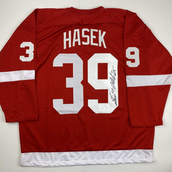 Autographed/Signed Dominik Hasek HOF 19 Detroit Red Hockey Jersey JSA COA