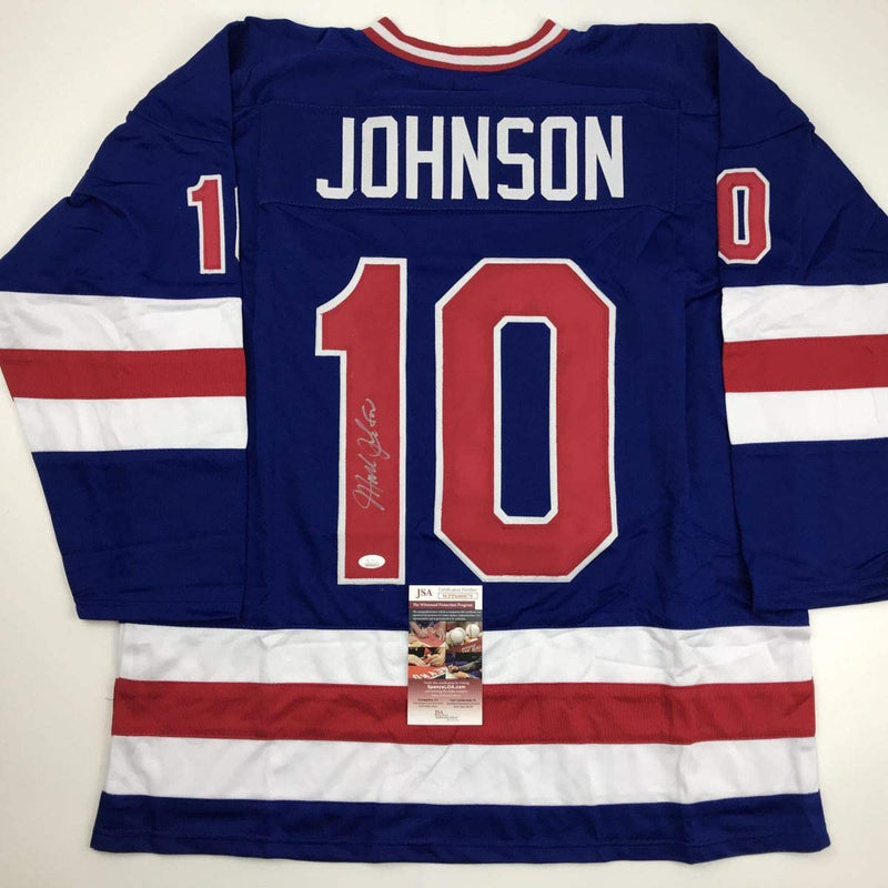 Autographed/Signed Mark Johnson Blue Team USA Miracle On Ice 1980 Olympics Hockey Jersey JSA COA