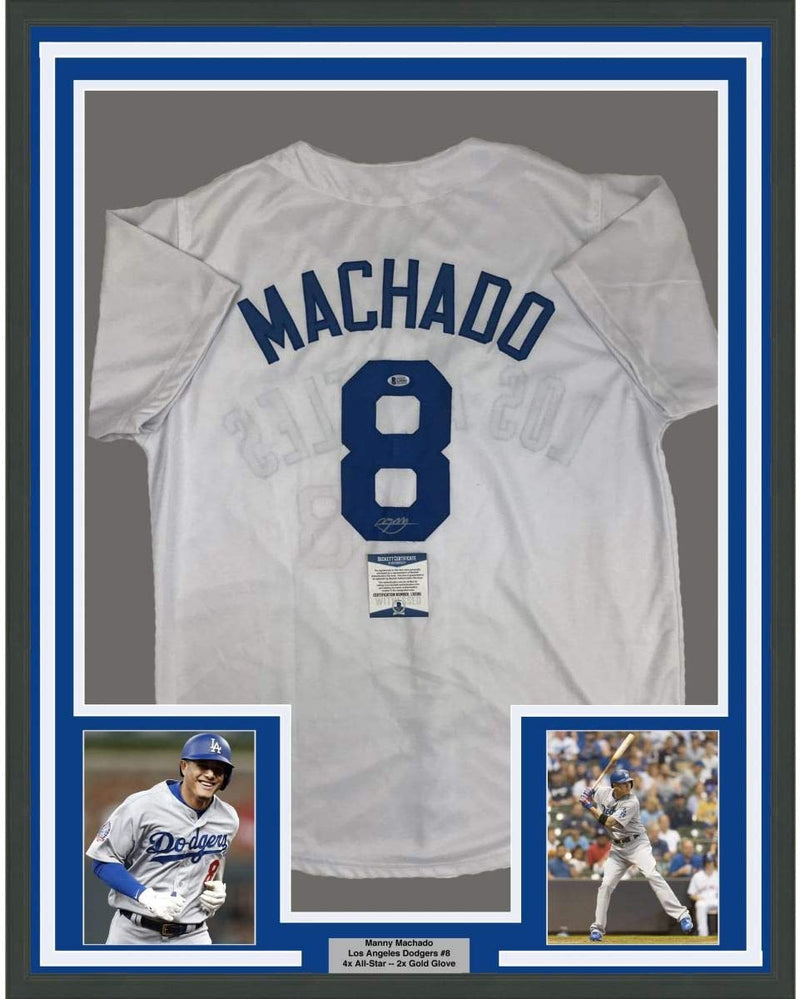Framed Autographed/Signed Manny Machado 35x39 Los Angeles LA White Baseball Jersey Beckett BAS COA