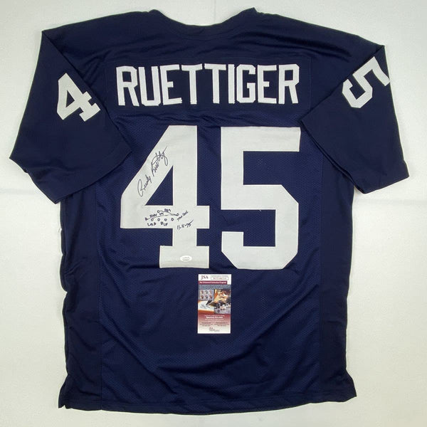 Autographed/Signed Rudy Ruettiger Hand Drawn Play Notre Dame Blue College Football Jersey JSA COA