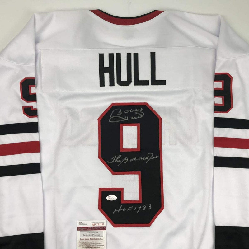Autographed/Signed Bobby Hull The Golden Jet HOF 1983 Chicago White Hockey Jersey JSA COA