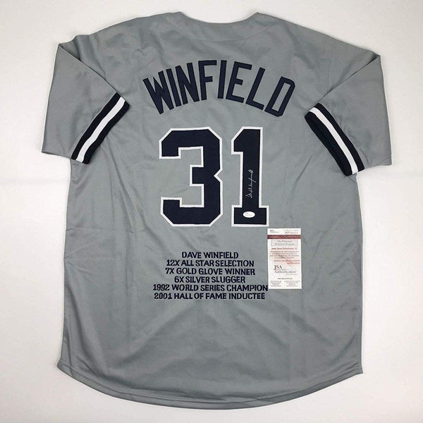 Autographed/Signed Dave Winfield New York Grey Stat Baseball Jersey JSA COA
