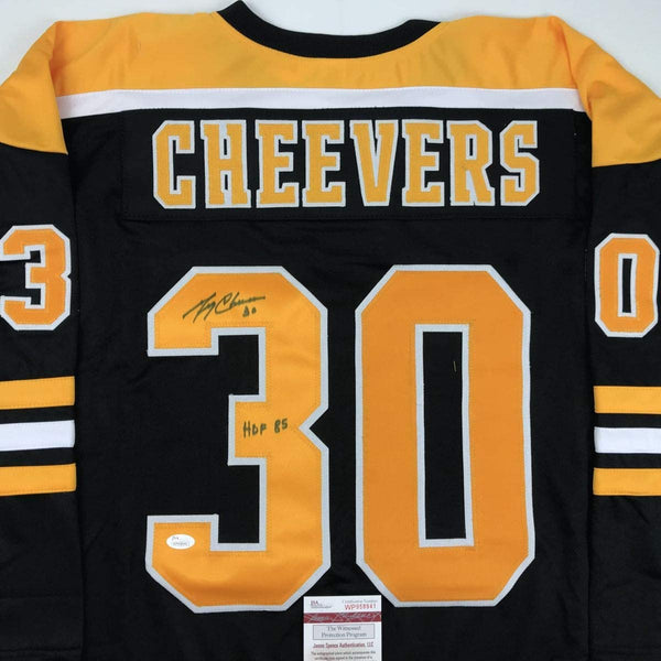 Autographed/Signed Gerry Cheevers HOF 85 Boston Black Hockey Jersey JSA COA