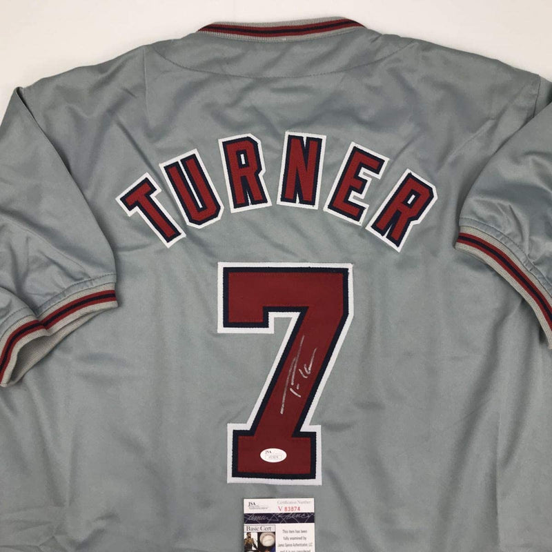 Autographed/Signed Trea Turner Washington Grey Baseball Jersey JSA COA