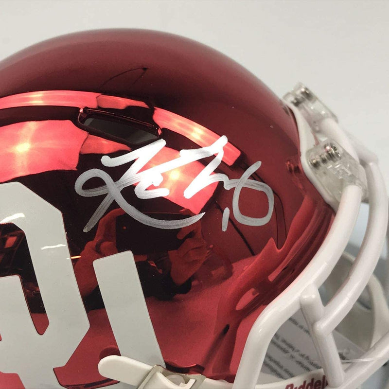 Autographed/Signed Kyler Murray Oklahoma Sooners Chrome Mini College Football Helmet Beckett BAS COA