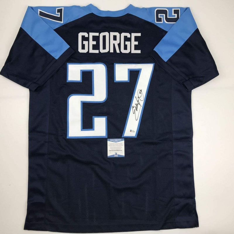 Autographed/Signed Eddie George Tennessee Dark Blue Football Jersey Beckett BAS COA