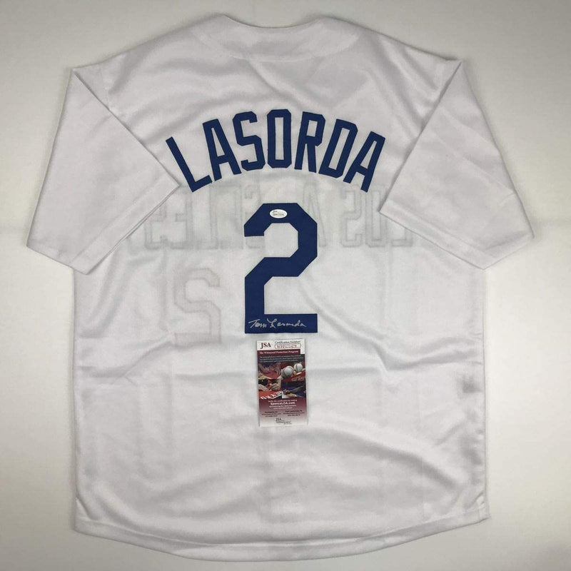 Autographed/Signed Tommy Tom Lasorda Los Angeles LA White Baseball Jersey JSA COA