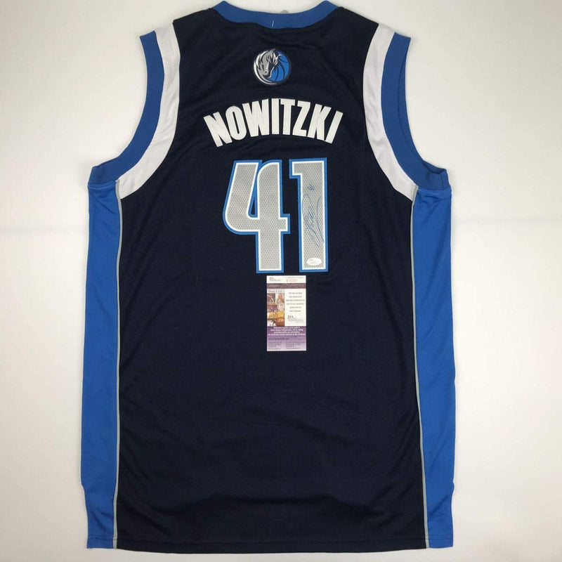 Autographed/Signed Dirk Nowitzki Dallas Dark Blue Basketball Jersey JSA COA