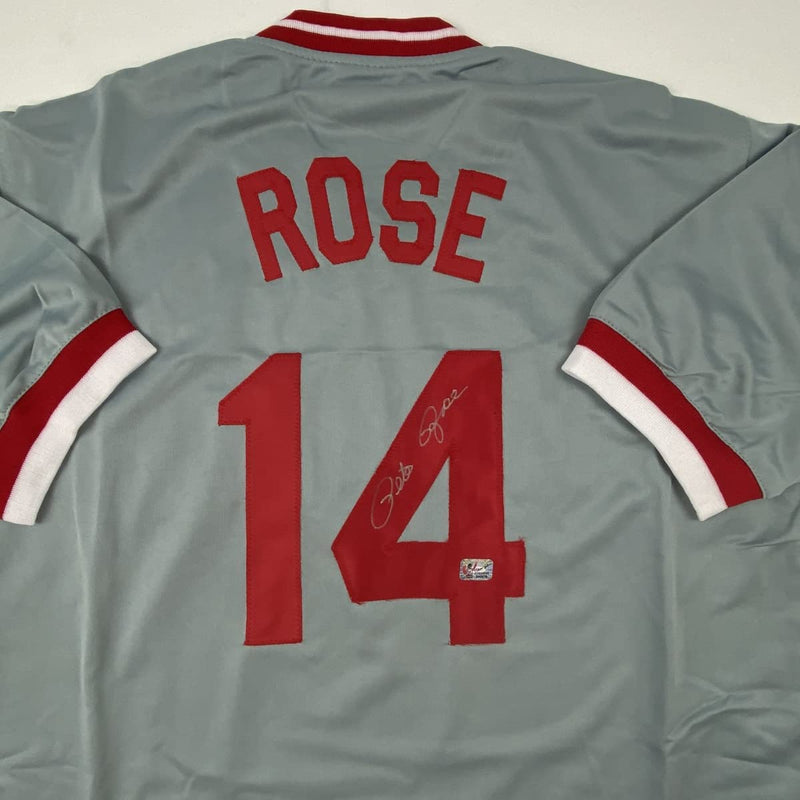 Autographed/Signed Pete Rose Cincinnati Grey Baseball Jersey Athlete Hologram COA Holo