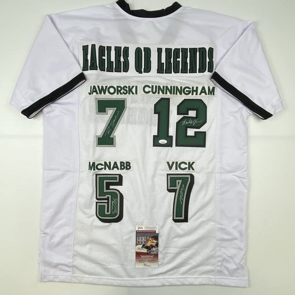 Autographed/Signed Eagles QB Legends McNabb Cunningham Vick Jaworski Philadelphia White Football Jersey JSA COA
