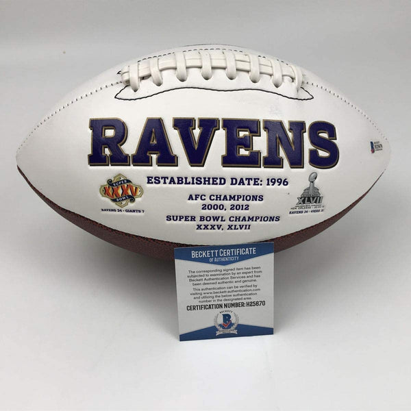 Autographed/Signed Ed Reed Baltimore Ravens FS White Panel Logo Football Beckett BAS COA