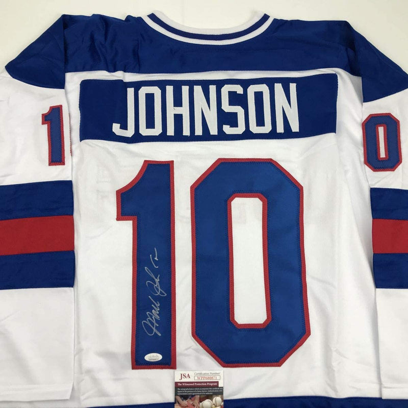 Autographed/Signed Mark Johnson White Team USA Miracle On Ice 1980 Olympics Hockey Jersey JSA COA