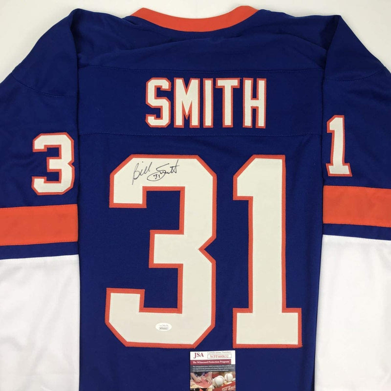 Autographed/Signed Billy Smith New York Blue Hockey Jersey JSA COA