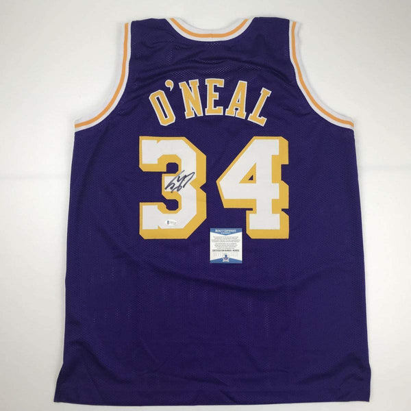 Autographed/Signed Shaquille Shaq O'Neal Los Angeles LA Purple Basketball Jersey Beckett BAS COA