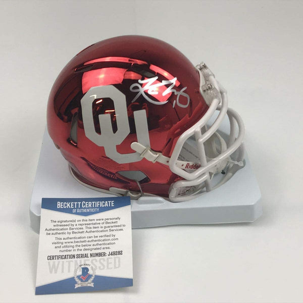 Autographed/Signed Kyler Murray Oklahoma Sooners Chrome Mini College Football Helmet Beckett BAS COA