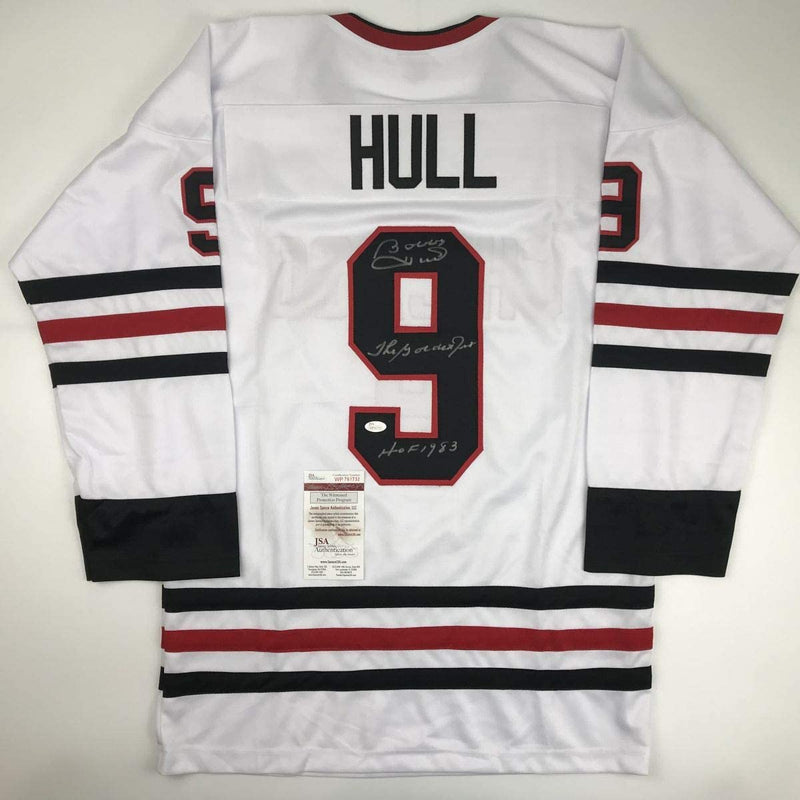 Autographed/Signed Bobby Hull The Golden Jet HOF 1983 Chicago White Hockey Jersey JSA COA