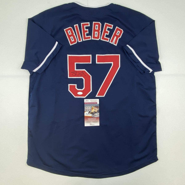 Autographed/Signed Shane Bieber Cleveland Blue Baseball Jersey JSA COA