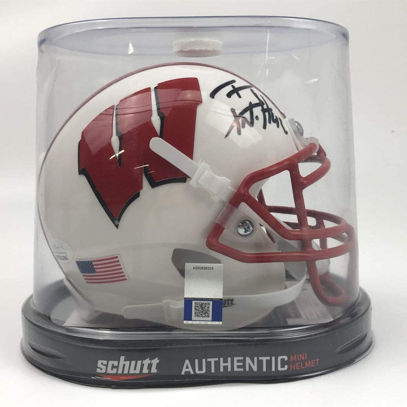 Autographed/Signed TJ T.J. Watt Wisconsin Badgers College Football Mini Helmet JSA COA