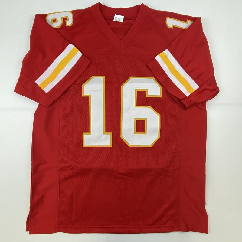 Autographed/Signed Len Dawson HOF 87 Kansas City Red Football Jersey JSA COA