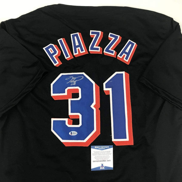 Autographed/Signed Mike Piazza New York NY Black Baseball Jersey Beckett BAS COA