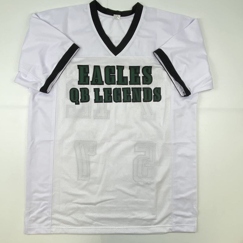 Autographed/Signed Eagles QB Legends McNabb Cunningham Vick Jaworski Philadelphia White Football Jersey JSA COA