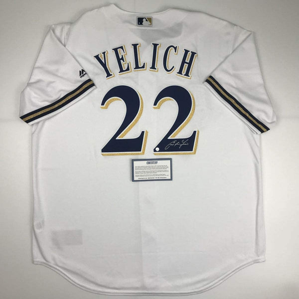 Autographed/Signed Christian Yelich Milwaukee Brewers White Cool Base Baseball Jersey Steiner Sports COA