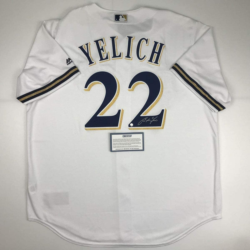 Autographed/Signed Christian Yelich Milwaukee Brewers White Cool Base Baseball Jersey Steiner Sports COA