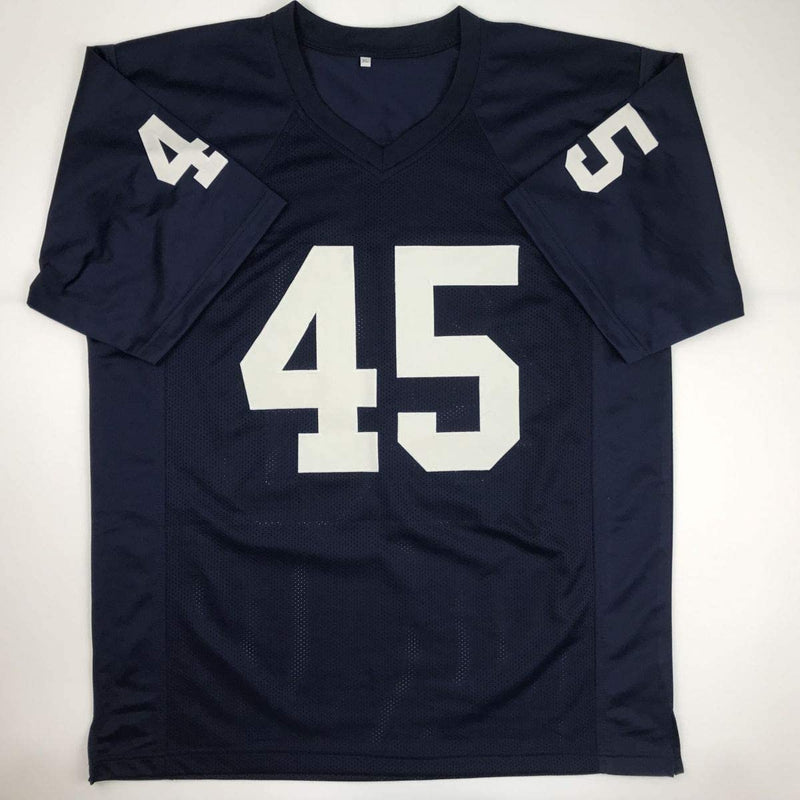 Autographed/Signed Rudy Ruettiger Never Quit Notre Dame Blue College Football Jersey JSA COA