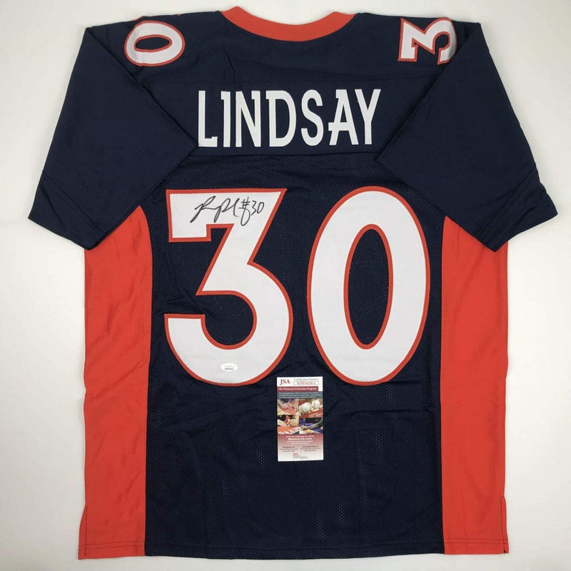 Autographed/Signed Phillip Lindsay Denver Blue Football Jersey JSA COA
